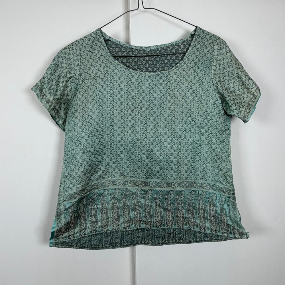Handmade Teal Gold Paisley Damask Short Sleeve Blouse Scoop Neck Top